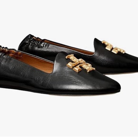 Brand New Tory Burch Women sz 6 Black Leather Eleanor Logo Buckle Flats 84922 - Picture 3 of 5